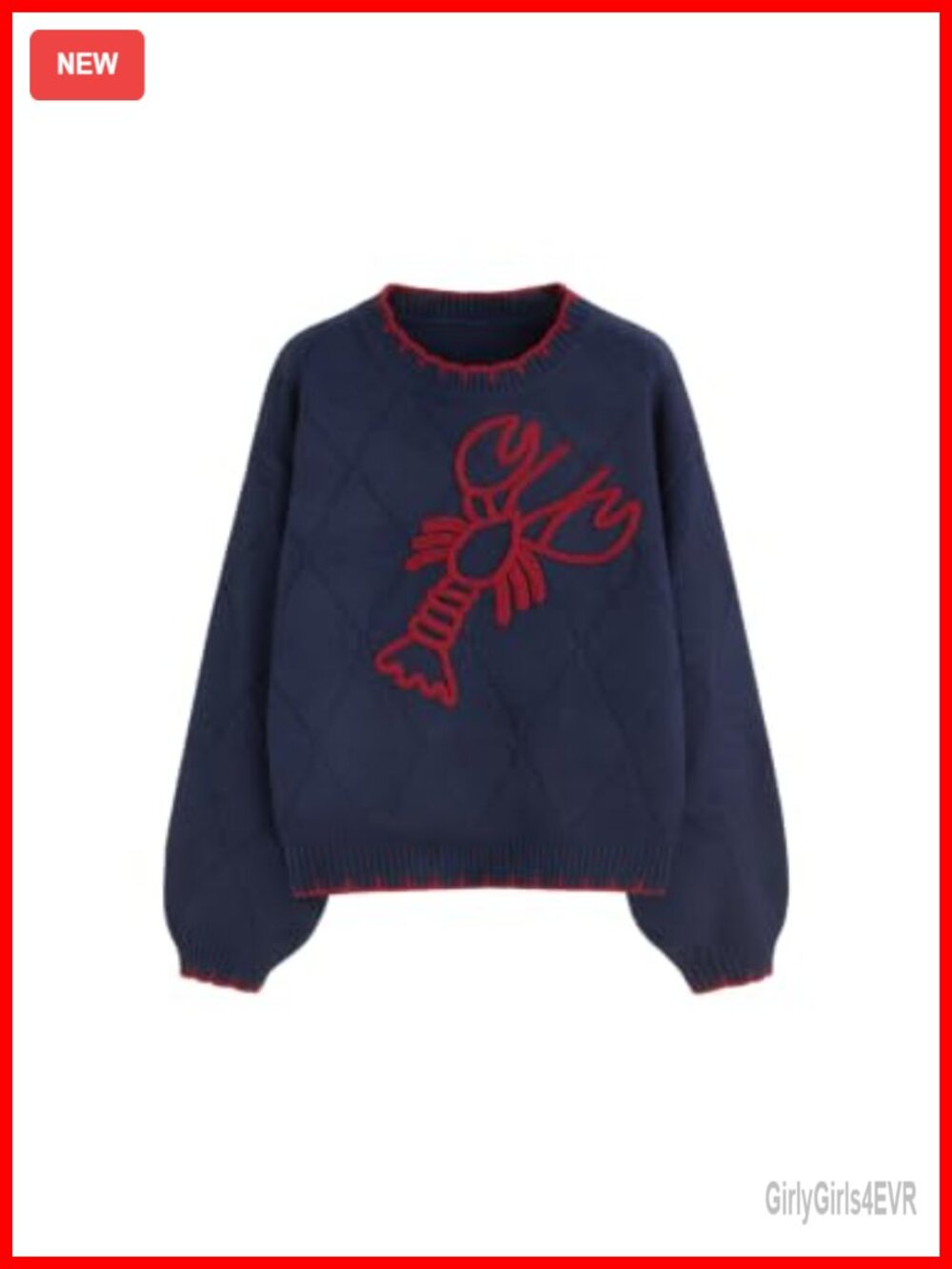 Lobster Graphic Pullover Sweater Diamond Knit Scalloped Trim Cropped